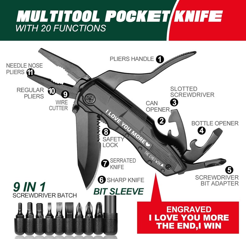 LAGERFEY Valentines Ideal Gifts for Him Husband - Mens Valentines Gifts, Valentines Gifts for Him Husband Boyfriend - “I Love You More” Anniversary Birthday Gifts for Husband Him, 20 in 1 Multitool Knife - Image 2